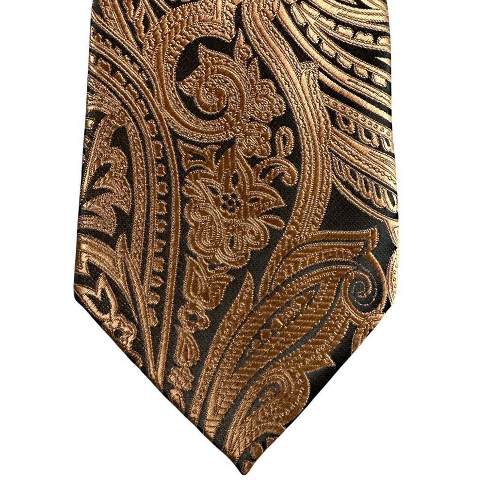 NWT Barry Wang Mens Bronze Black Paisley Silk Blend Necktie Formal Wedding Tie